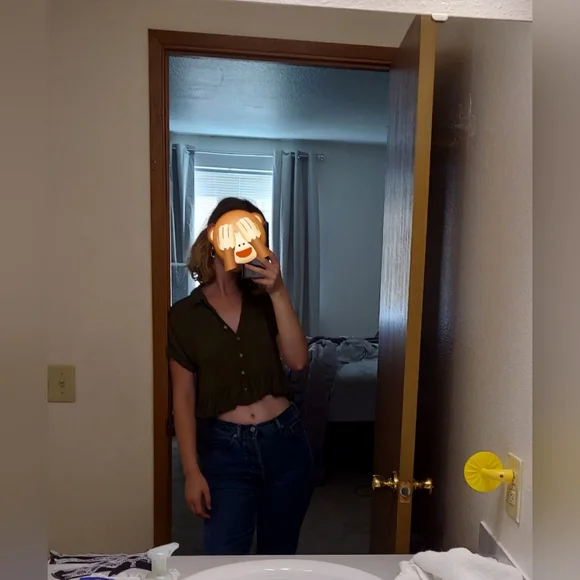 Soul Cake Cropped Olive Green Ruffled Cottagecore Button Up Y2K 90s Fairycore - Picture 3 of 15